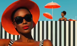 a woman with a sun hat in front of an umbrella