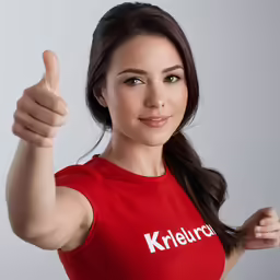 this lady is in a red shirt with a thumbs up
