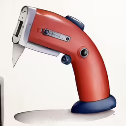 a drawing of a red and blue object with a knife stuck in it