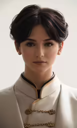 a woman with short brown hair wearing a coat and earrings