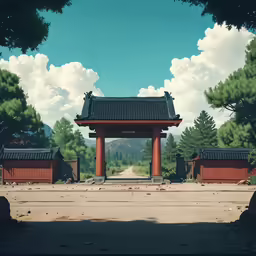 there is a pagoda in the middle of the road