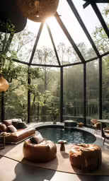 a living room with couches and a small pool