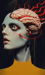 an image of a woman with her head turned to have red ribbons on it