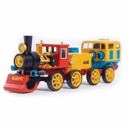 a toy train engine sits in front of the white background