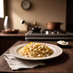 a plate of spaghetti noodles sits on a counter