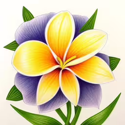 a drawing of a purple and yellow flower,there is a yellow and purple flower with green leaves on it