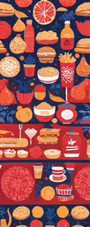 a colorful pattern with different sandwiches and fruits,various items in red, orange and blue on a background