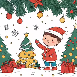 boy looking at christmas tree, with presents under the tree