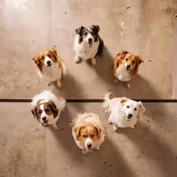 a dog is surrounded by five dogs that are looking at the camera