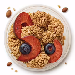 fruit and nuts on top of granola in a bowl