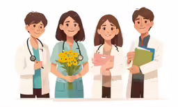a medical team is standing around holding flowers