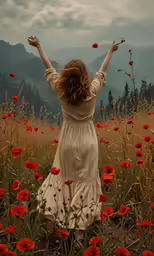 a woman in a field with her hands up