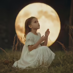 girl praying in the field with full moon behind her