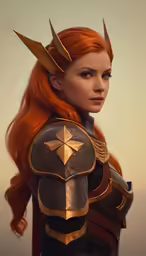 a woman with red hair and horns in armor