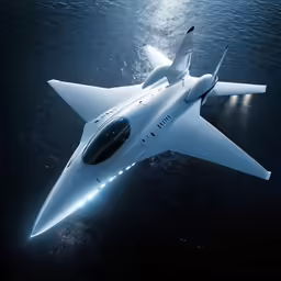 the top view of a sleek futuristic flying aircraft floating on water