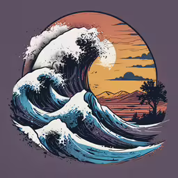 a painting of an ocean wave and sunset,a wave is breaking while it sits in the ocean