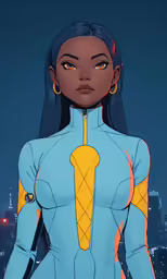 a cartoon character in an avatar with long black hair