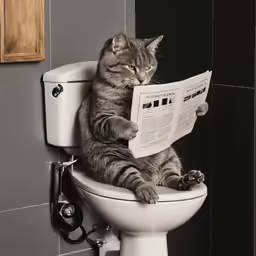 a cat is reading a newspaper while sitting on a toilet