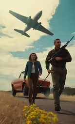 an airplane is flying above two people walking down a road