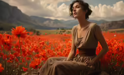 there is a woman sitting on a rock in a field