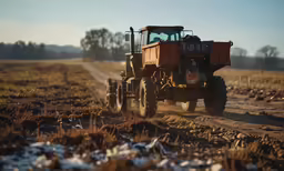 a tractor plows through the dirt road
