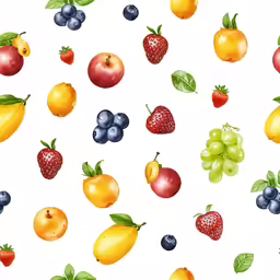 a white background with many fruits on it