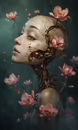an alien woman is surrounded by flowers