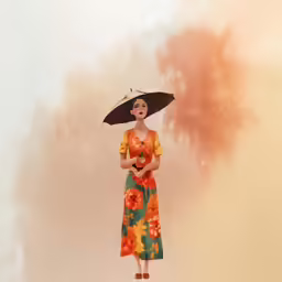 an animated woman standing outside holding an umbrella