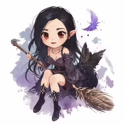 a girl with black hair and a black shirt sitting on a purple background