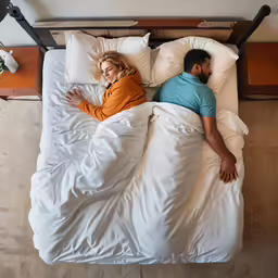 man and woman in bed with white sheets