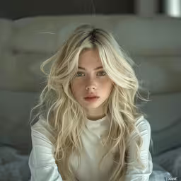a young woman posing for the camera with a white shirt on,a blonde haired girl with long hair looks directly in camera
