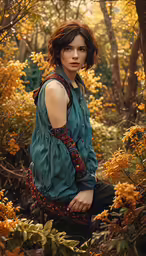 a woman standing in the middle of a lush green forest