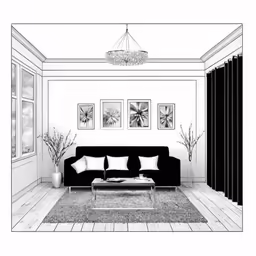 a drawing of a living room in black and white