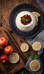 a cake on a table with slices of lemon and fruit on it