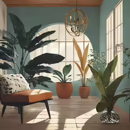 a room with potted plants in it and windows with panoramic views