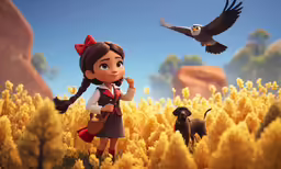 the animated girl is walking through a field near a dog
