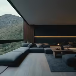 a modern living room with wood, stone, and mountain view