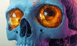 a skull with orange eyes sitting next to some purple hair