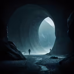man walking through the dark tunnel with water running out