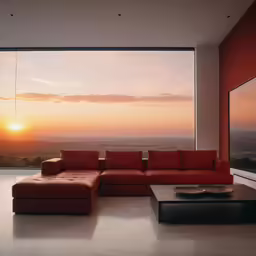 a living room with a couch, a table and view outside the window
