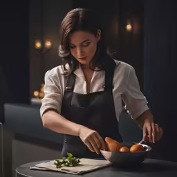 woman in black apron and white shirt with food on plate