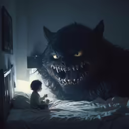 a child is on the bed with a monster in the room
