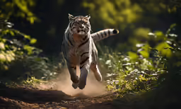 a tiger running through the grass in front of trees