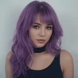 a woman with purple hair and black top