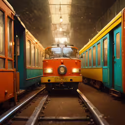 there is a train that has stopped inside of the building,two orange and blue trains are seen in this picture