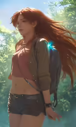 a woman in short shorts and jacket standing next to trees