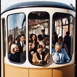people on a street tram are reflected in the windows