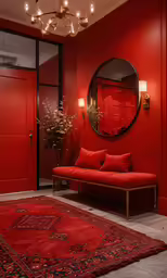 red room with an area rug, couch and table