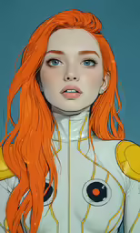 a woman with long red hair and a yellow jacket