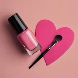 a heart with a pink nail polish bottle, brush and eye makeup